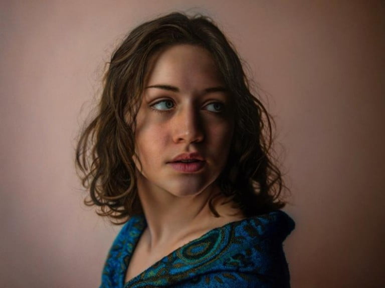Blue-Shawl-Hyper-Realistic-Painting-Marco Grassi Hyper Realistic Painting by Marco Grassi - Painting | Sky Rye Design Hyper Realistic Painting by Marco Grassi - Painting