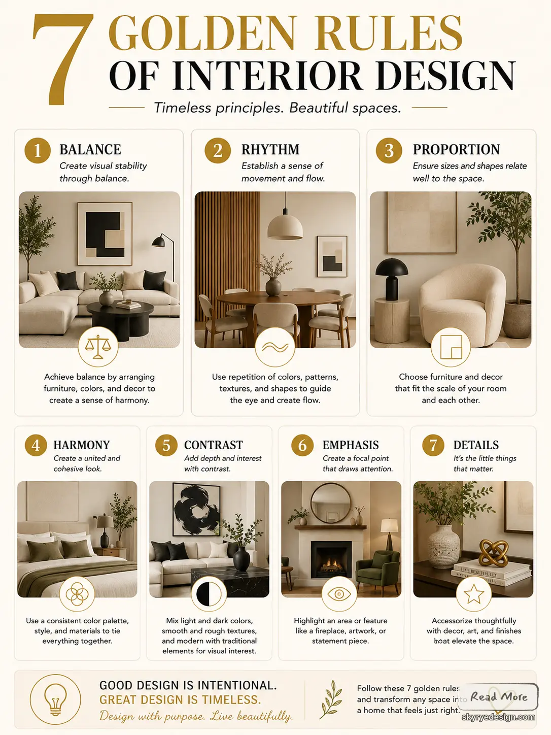 golden-rules-tips-1 Infographic: 7 Golden Rules of Interior Design — balance, rhythm, proportion, harmony, contrast, emphasis, details. | Sky Rye Design Infographic: 7 Golden Rules of Interior Design — balance, rhythm, proportion, harmony, contrast, emphasis, details.
