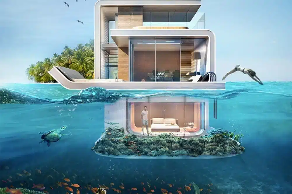276205-1000-1457091320-The-Floating-Seahorse_4 Luxury floating villa with underwater view of coral reef, swimmer, and sea life, set against a tropical island backdrop. | Sky Rye Design Luxury floating villa with underwater view of coral reef, swimmer, and sea life, set against a tropical island backdrop.