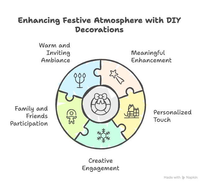 visual-selection-_4_ Diagram showcasing enhancing DIY festive decorations: warm ambiance, meaningful enhancement, personal touch, family participation, creative engagement. | Sky Rye Design Diagram showcasing enhancing DIY festive decorations: warm ambiance, meaningful enhancement, personal touch, family participation, creative engagement. handmade christmas items