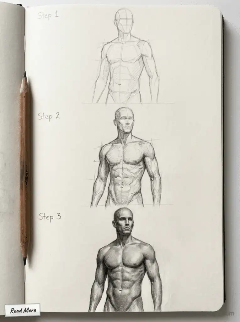 Sketching a muscular male torso: Step-by-step pencil drawing guide on paper, featuring three stages from outline to detailed shading. How to draw human