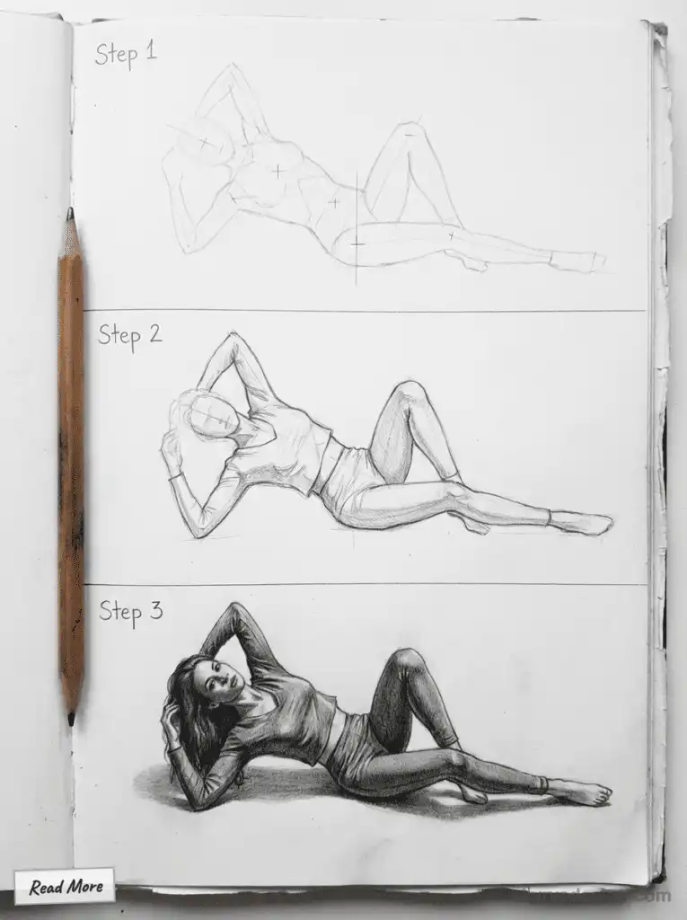 Step-by-step figure drawing tutorial showing progression from sketch outline to detailed shading with a pencil beside the paper.