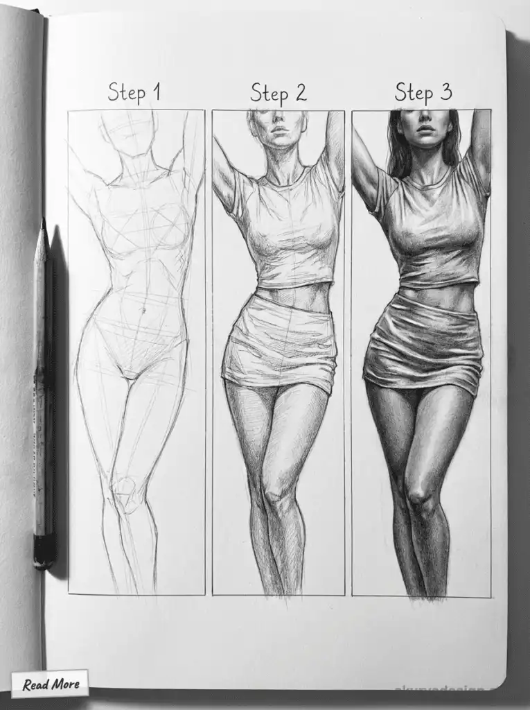 Step-by-step pencil drawing of a woman, showing progress from outline to detailed shading in three stages.