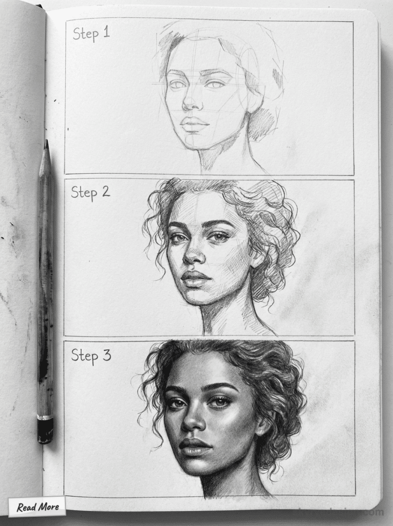 Step-by-step guide to drawing a realistic portrait, featuring pencil sketches from outline to detailed shading in three stages.