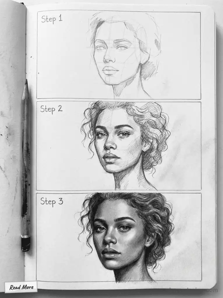 Step-by-step guide to drawing a realistic portrait, featuring pencil sketches from outline to detailed shading in three stages.