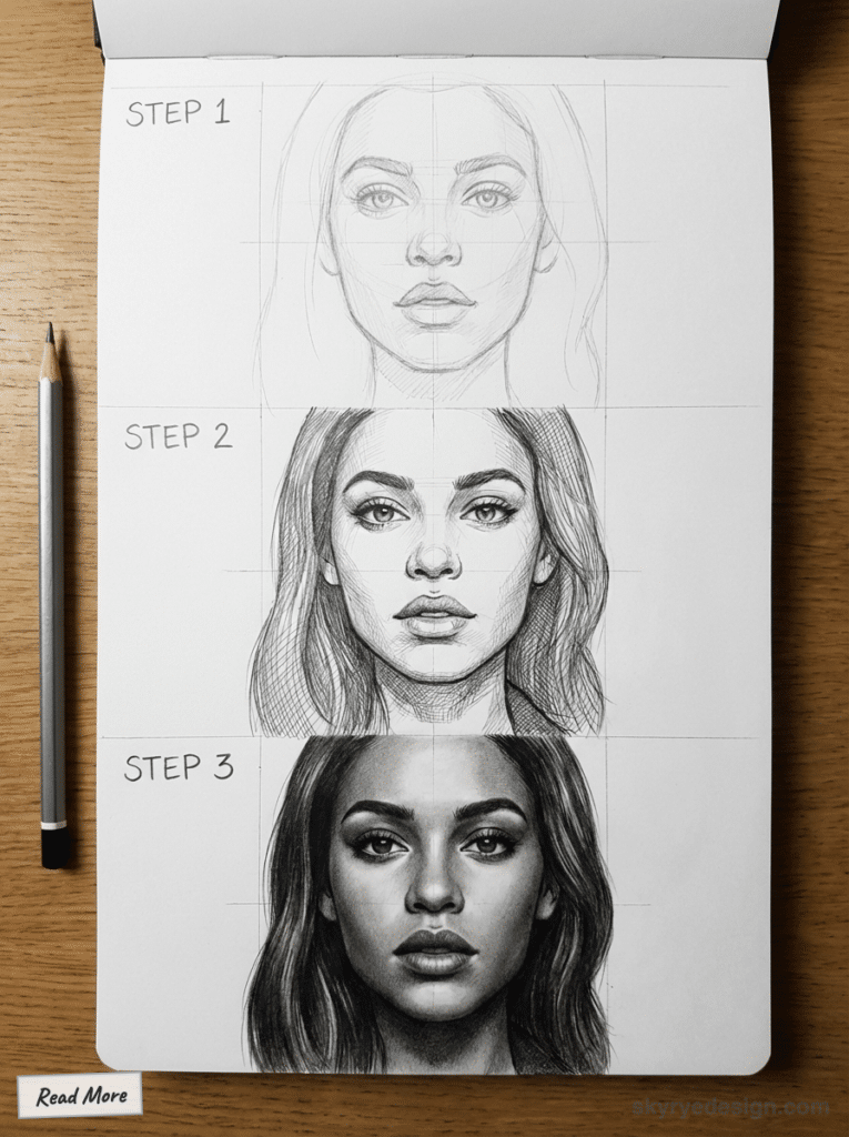 Three-step realistic portrait drawing on sketchbook page, showing progression from basic outlines to detailed shading. Pencil nearby.