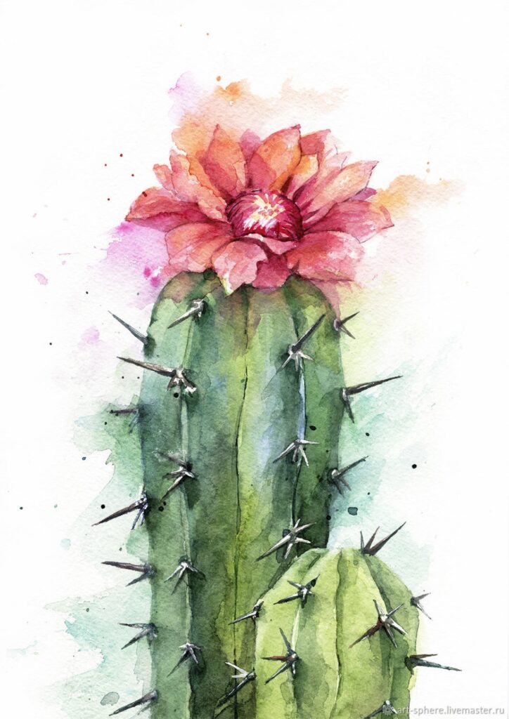 a watercolor painting of a cactus with a flower