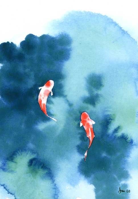 a painting of two fish swimming in the water