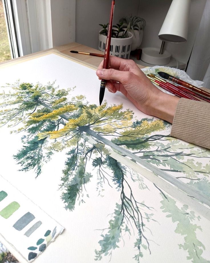 a painting of a bunch of trees on a white background