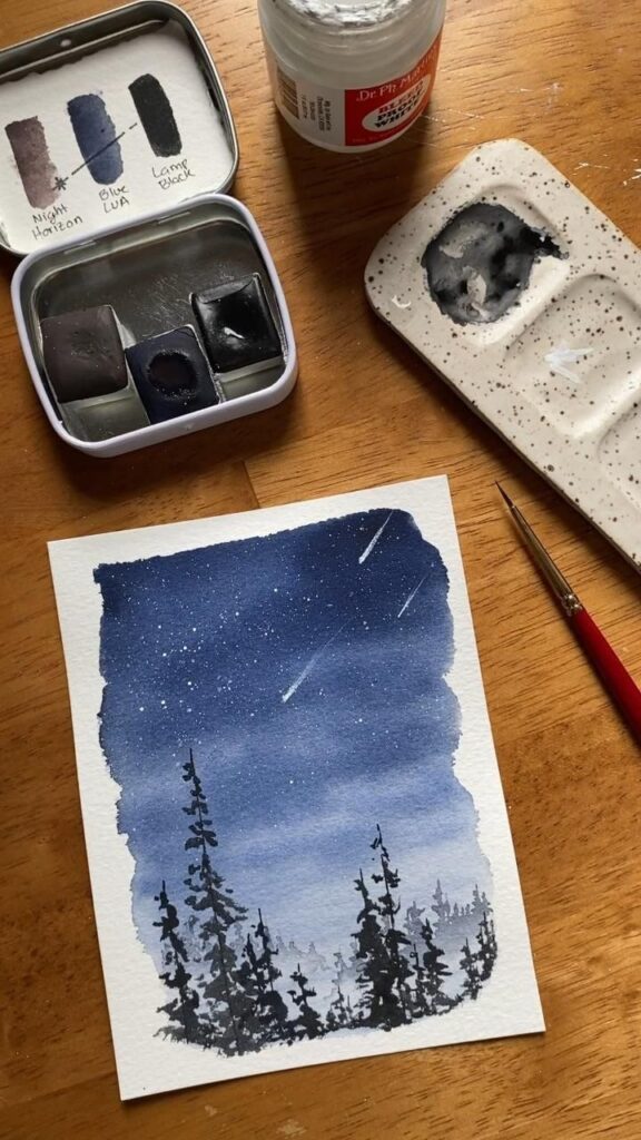 a watercolor painting of a starry night