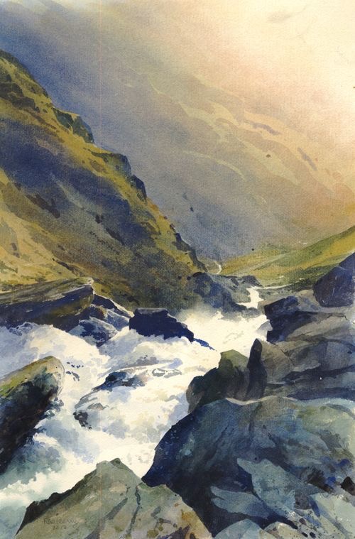 watercolor of a river flowing through a rocky valley