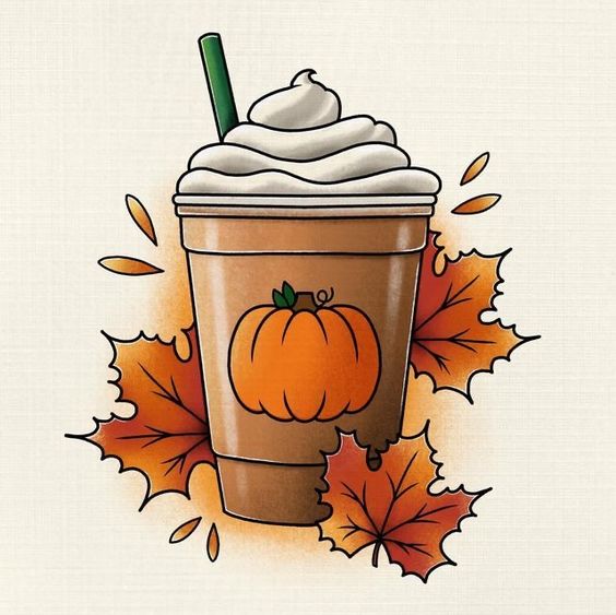 a coffee cup with whipped cream and a pumpkin on it