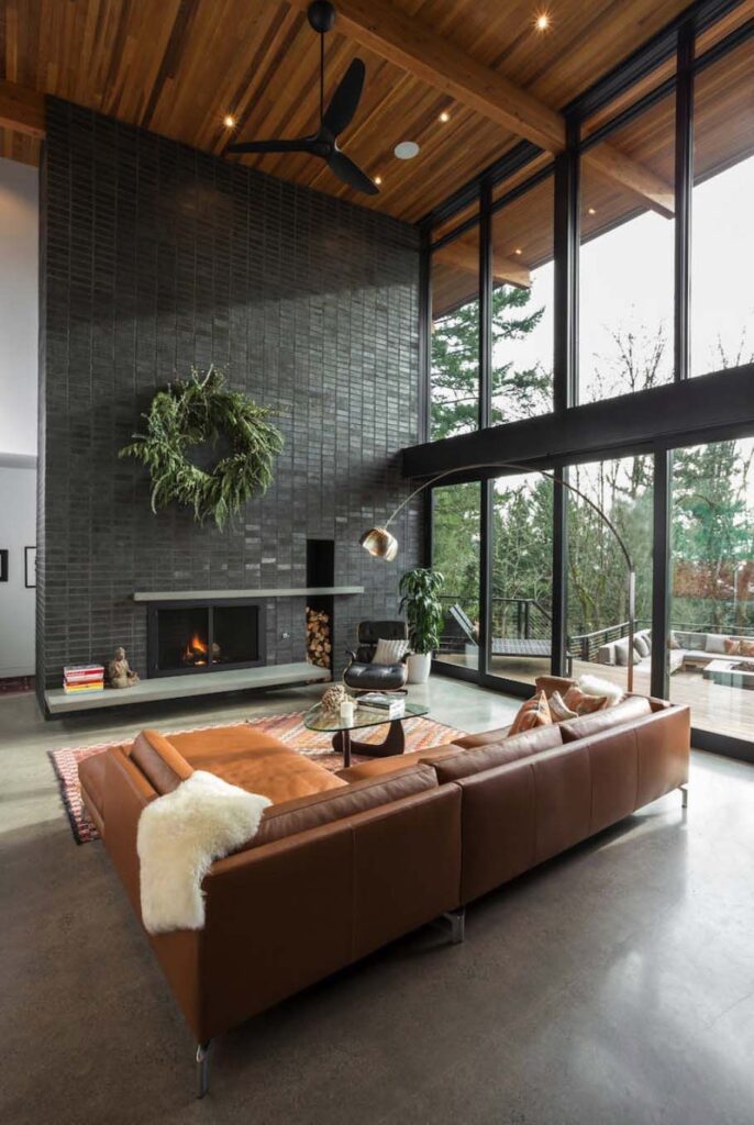 a living room with a fireplace and a couch
