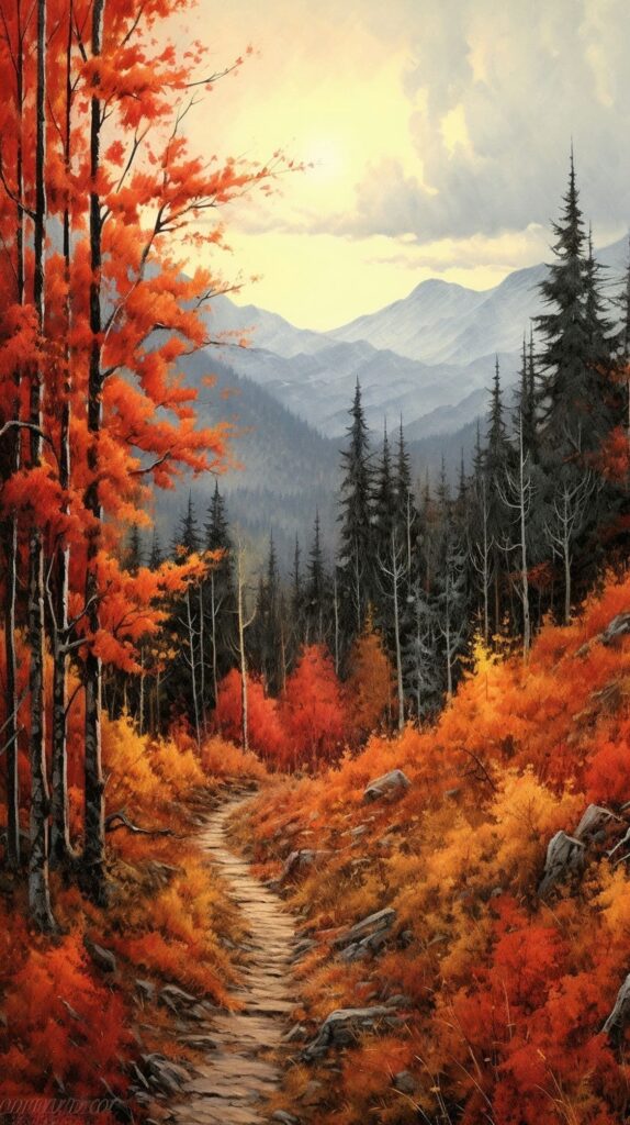 a painting of a forest with orange and yellow leaves