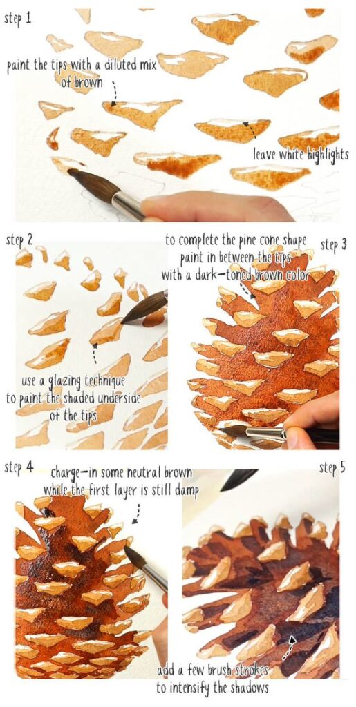 a collage of a pine cone painting