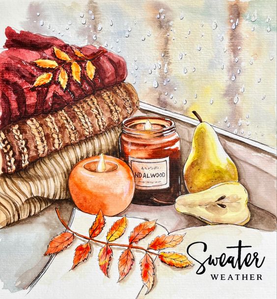 a watercolor painting of sweaters and candles on a window sill for fall drawings