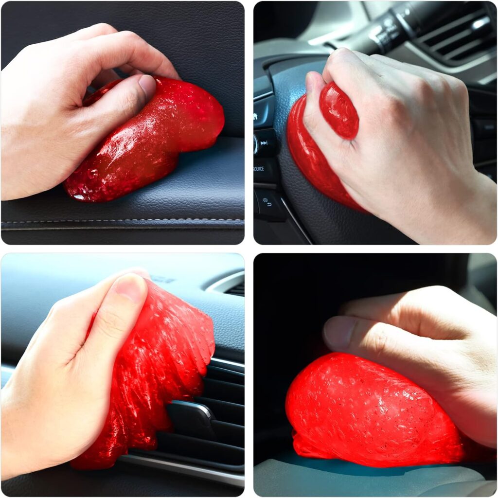 a collage of a hand squeezing a red slime