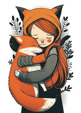 a cartoon of a girl hugging a fox