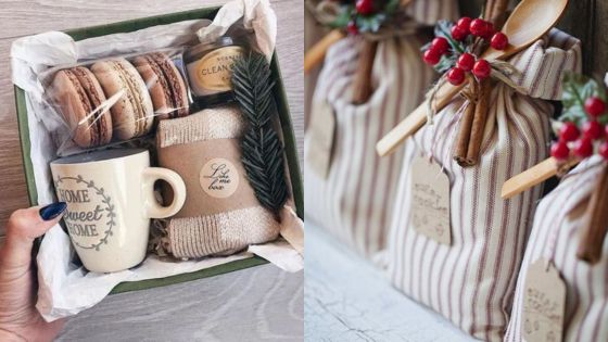 a gift basket with a cup and cookies