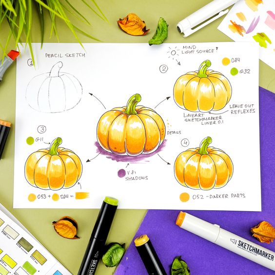 a drawing of pumpkins on a paper