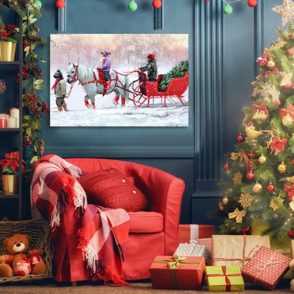 a christmas tree with presents and a painting on the wall