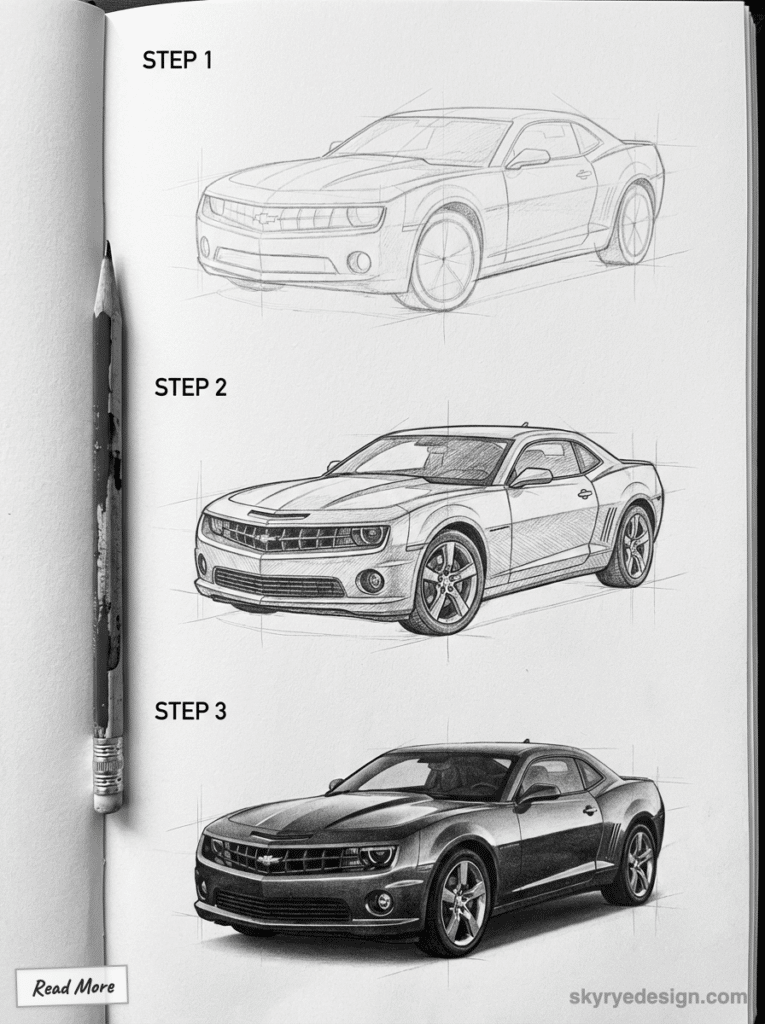 Three-step pencil drawing tutorial of a sleek car from sketch to detailed shading, with a pencil on the left side.