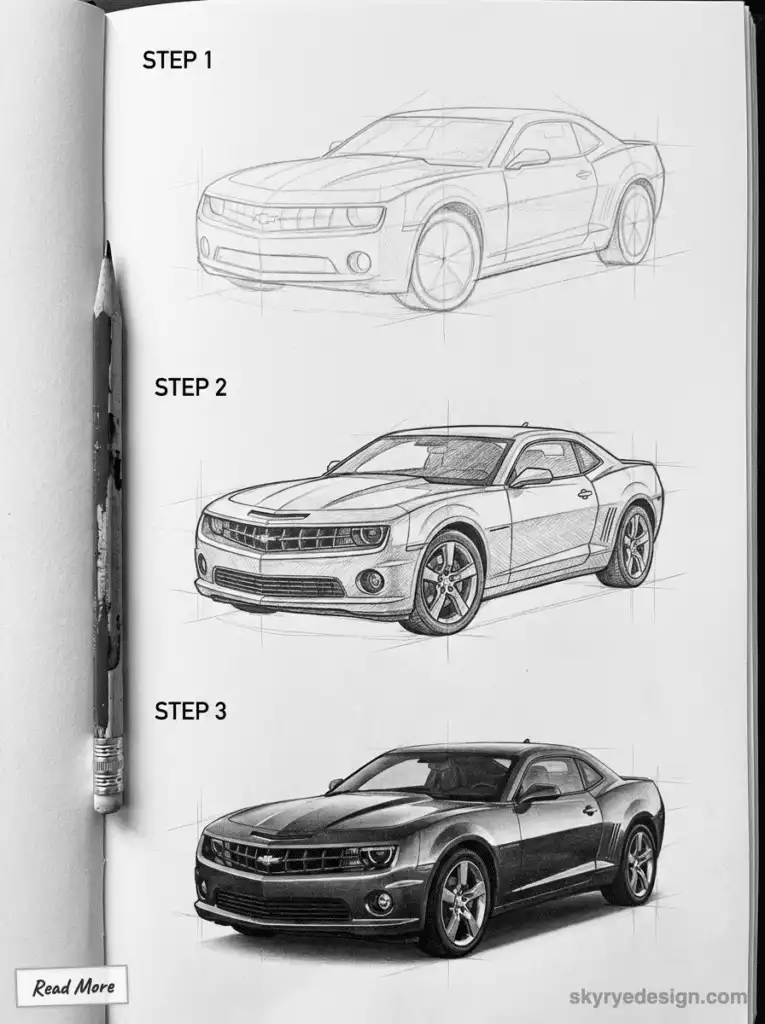 Three-step pencil drawing tutorial of a sleek car from sketch to detailed shading, with a pencil on the left side.