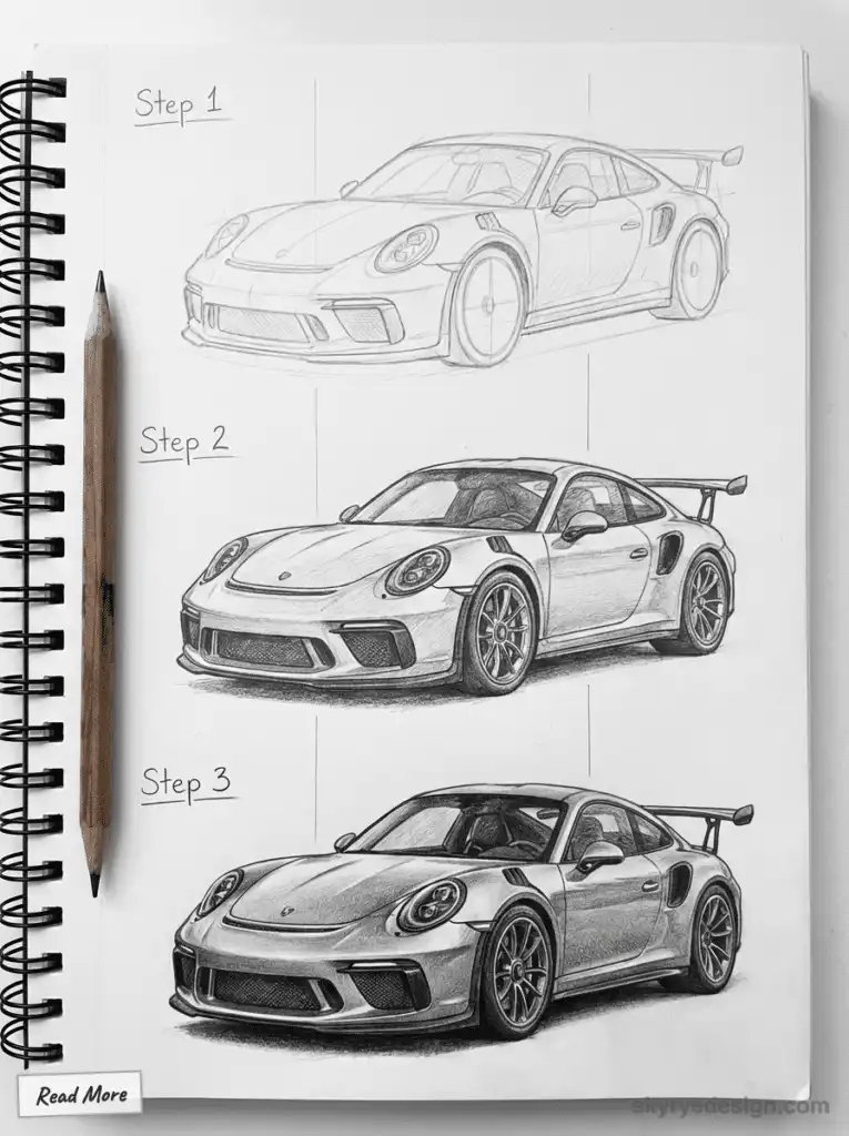 Three-step sketch progression of a sports car in a spiral notebook. Includes pencil stages to realistic drawing. How to Draw Porsche 911 GT3 RS
