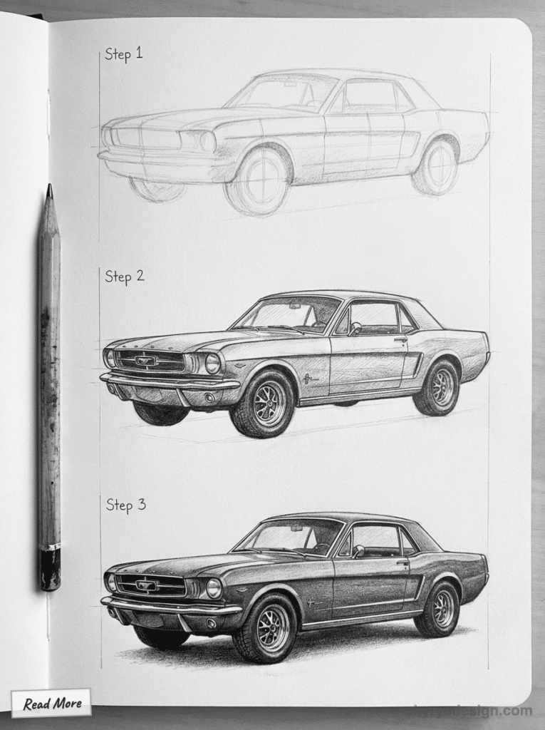 Pencil drawing progression of a vintage car in three steps, showing sketch to detailed shading on paper with a pencil beside.