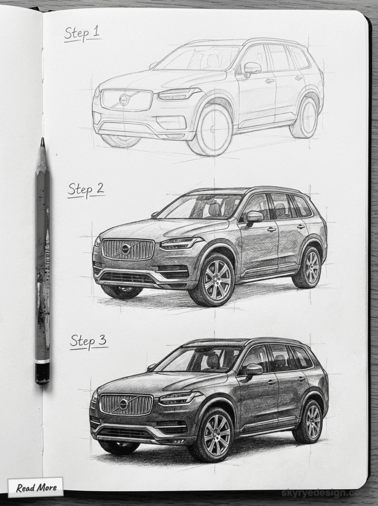 Three-step car sketch progression in a notebook with a pencil, illustrating the design process from outline to detailed