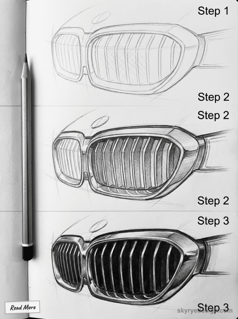 Sketching car grille design in three steps: basic outline, detailed shading, and refined final version with pencil included.