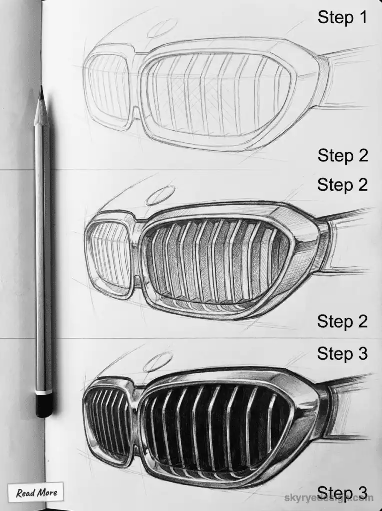 Sketching car grille design in three steps: basic outline, detailed shading, and refined final version with pencil included.