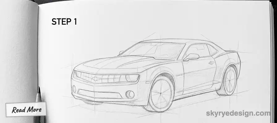 Pencil sketch of a sports car labeled Step 1 on open notebook, showcasing initial design process. Featured on