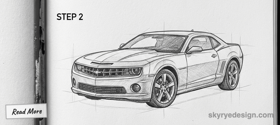 Step 2 of car sketch tutorial: Detailed pencil drawing of a sports car, showcasing lines and shading for realistic effect.