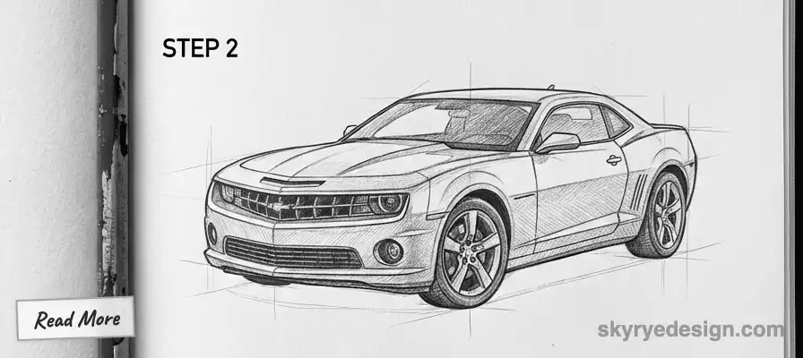 Step 2 of car sketch tutorial: Detailed pencil drawing of a sports car, showcasing lines and shading for realistic effect.