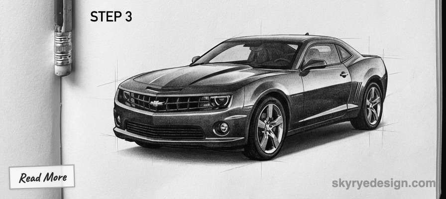 Black pencil sketch of a sports car in step 3 of the drawing process. Text: STEP 3 and Read More. Image by skryydesign.com.
