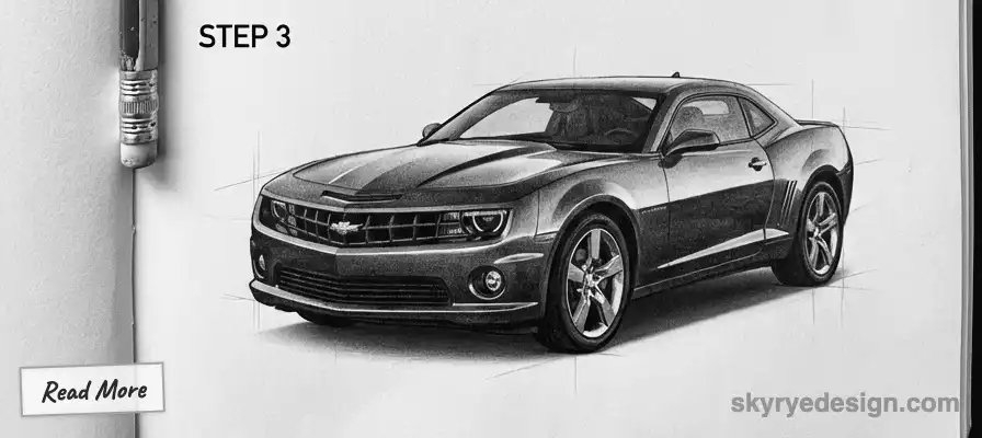 Black pencil sketch of a sports car in step 3 of the drawing process. Text: STEP 3 and Read More. Image by skryydesign.com.