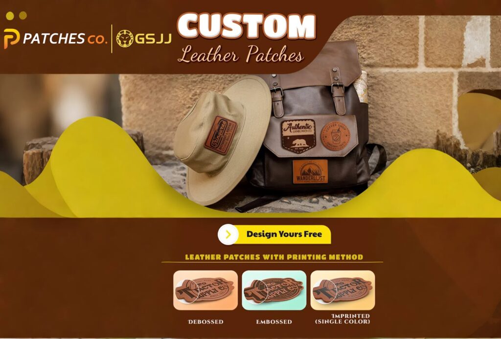 Custom leather patches display on hat and backpack with printing methods: debossed, embossed, imprinted. Design yours free.