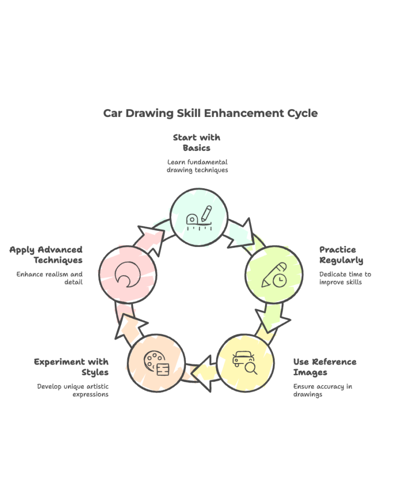visual-selection-_6_ Car drawing skill cycle: Start basics, practice, use references, experiment styles, apply advanced techniques. Enhance artistry step-by-step. | Sky Rye Design Car drawing skill cycle: Start basics, practice, use references, experiment styles, apply advanced techniques. Enhance artistry step-by-step.