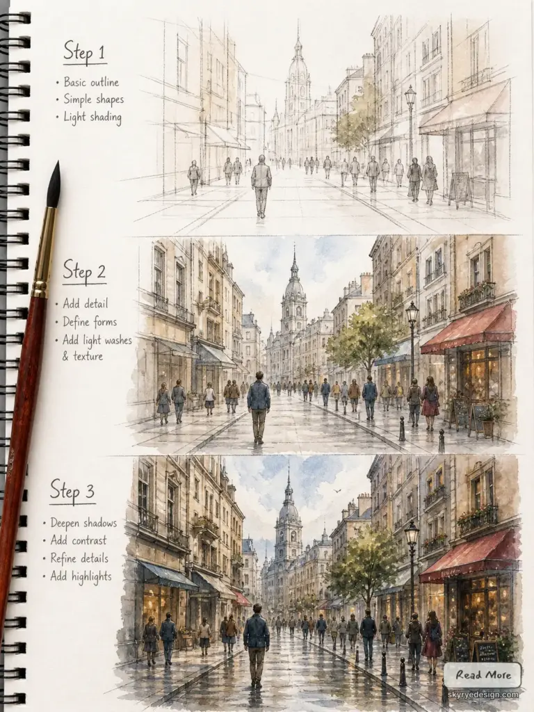 Sketchbook page showing three-step watercolor tutorial of a European city street from outline to detailed rainy scene