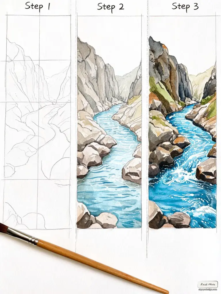Three-panel watercolor tutorial showing step-by-step painting of a rocky river canyon with blue water and paintbrush.