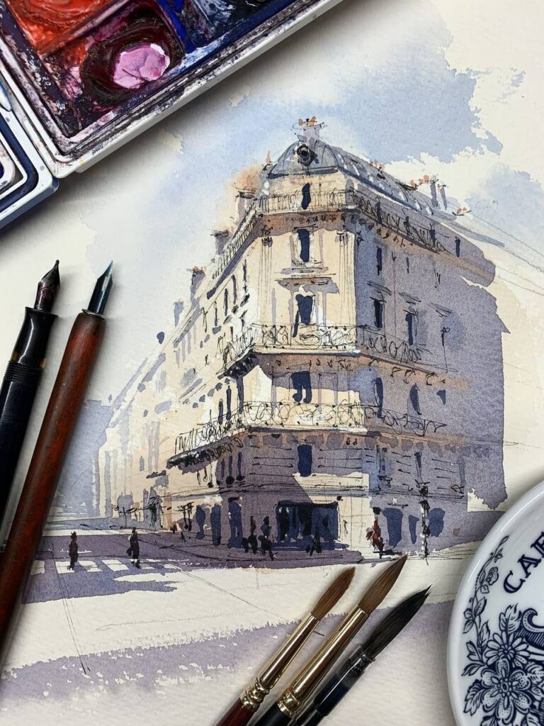 A watercolor painting of a building.