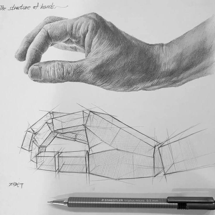 A drawing of a hand with a pen in it.