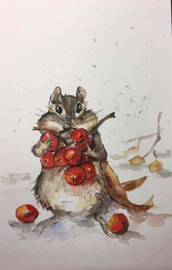 A watercolor painting of a mouse with berries.