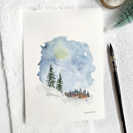 A watercolor painting of a winter scene with trees and snow.