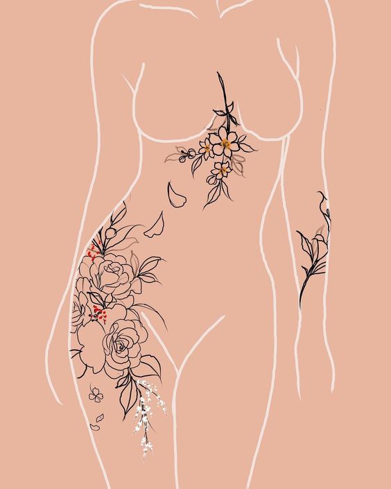 A drawing of a woman with flowers on her body.