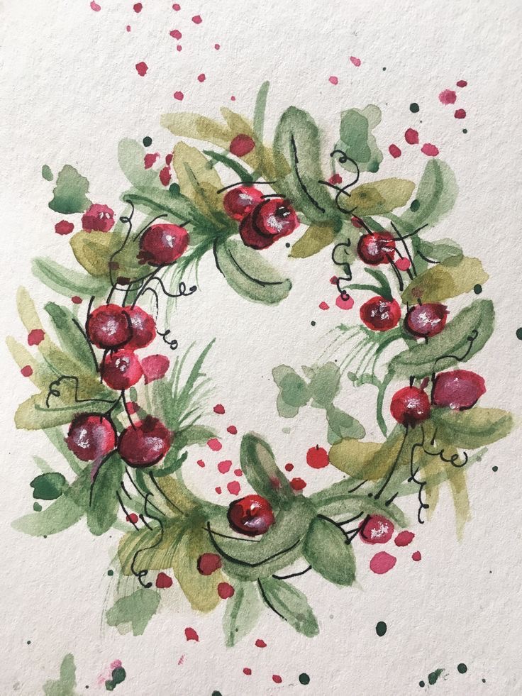 A watercolor painting of a wreath with berries.