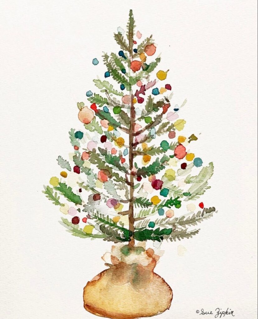 A watercolor painting of a christmas tree in a bag.