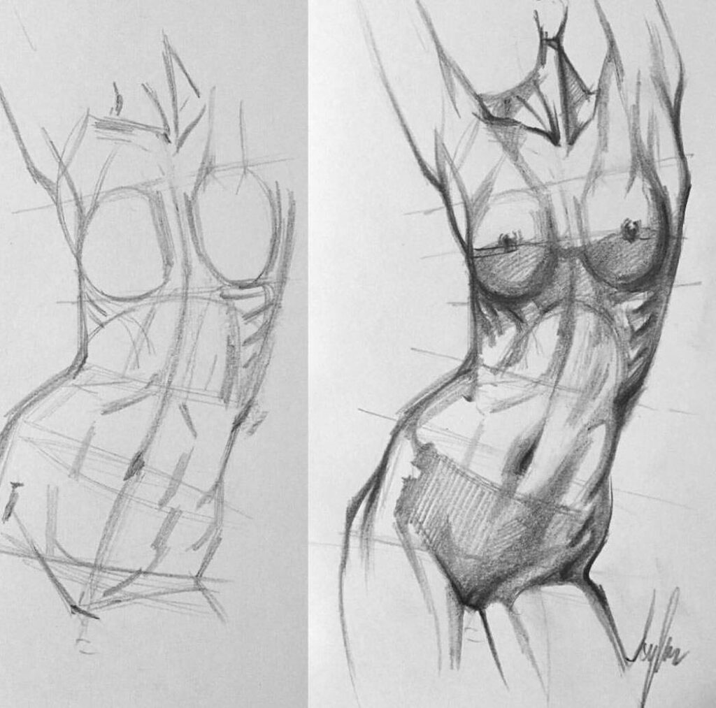 Two drawings of a woman's body.