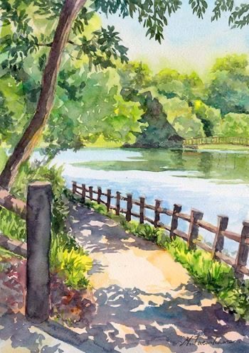 A watercolor painting of a path next to a river.